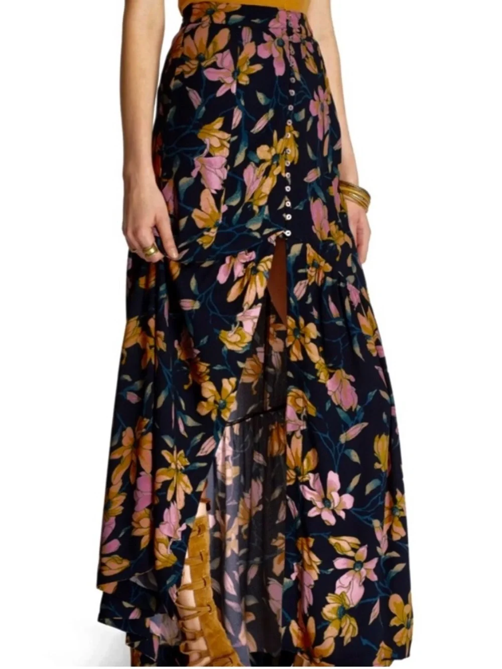 Free People Smooth Sailing Maxi Skirt Button Front Dark Floral Size 8